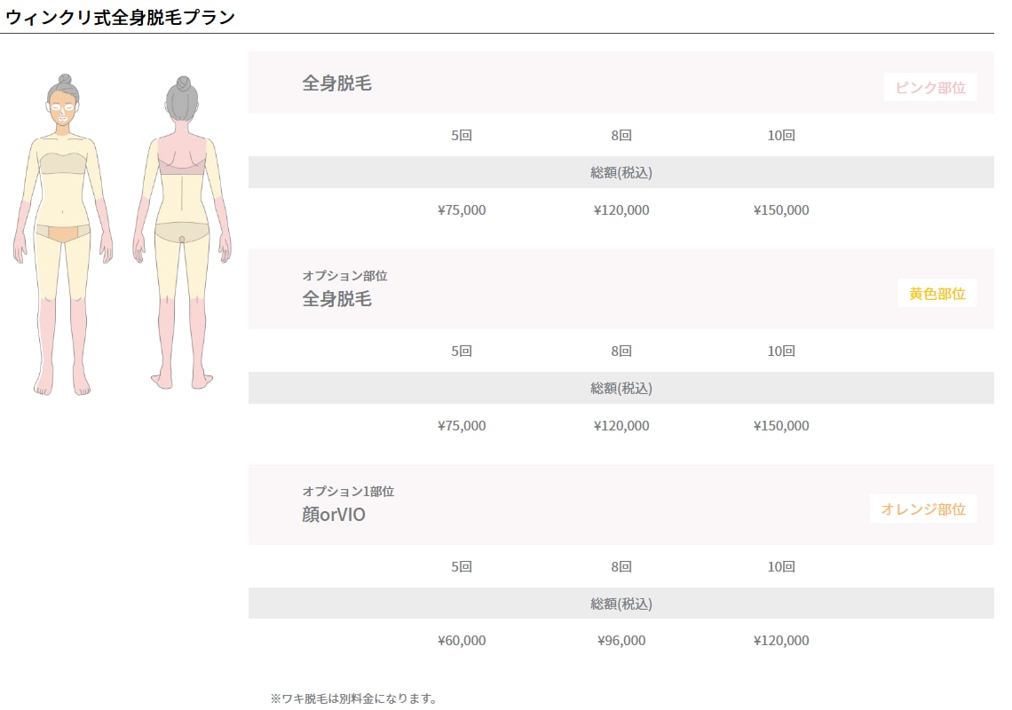 ウィンクリニックのウィンクリ式全身料金画面
